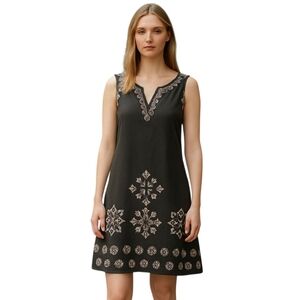 Y2K Le Chateau Dress Womens XL Dark Olive Green Boho Gypsy Celtic Embrodery Midi